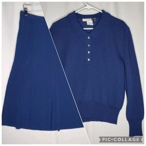 Castleberry Knit Skirt Set Womens 16 Blue Collar Long Sleeve Midi 80's Academia